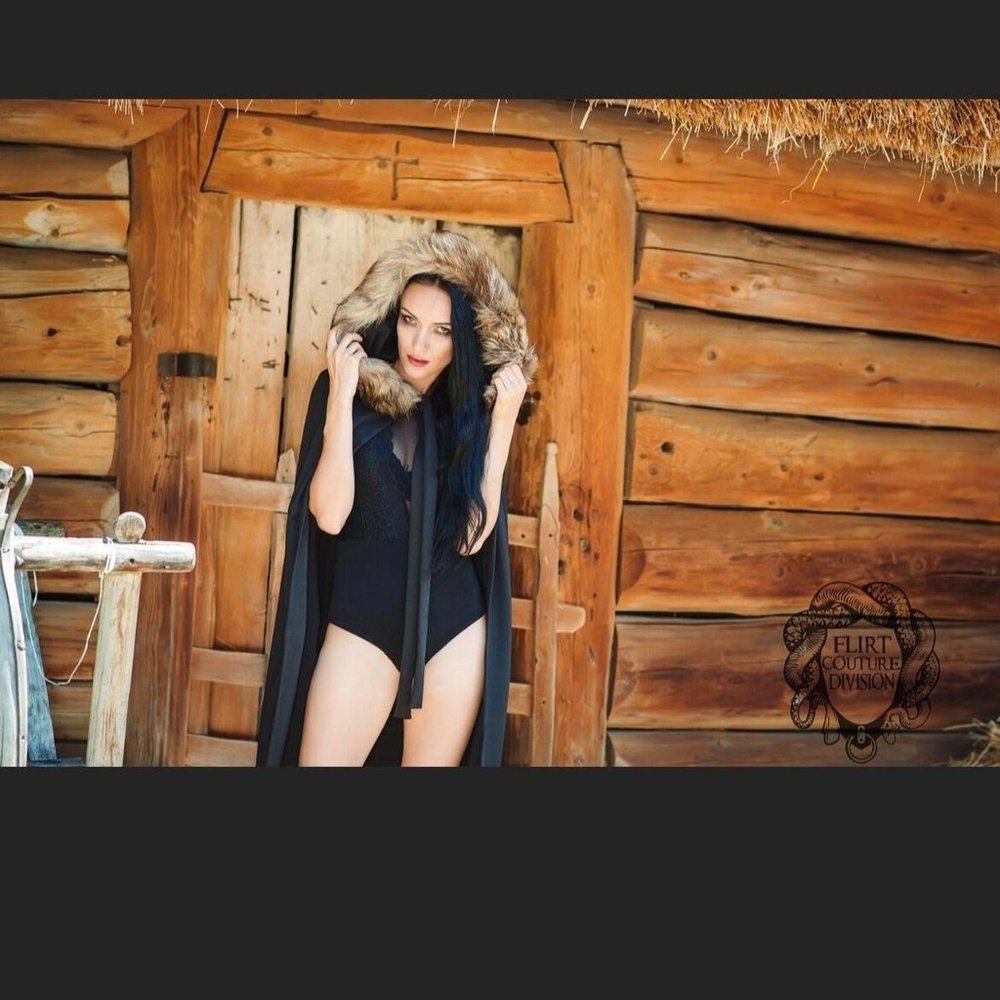 Black Faux Fur Hooded Cape/Cloak